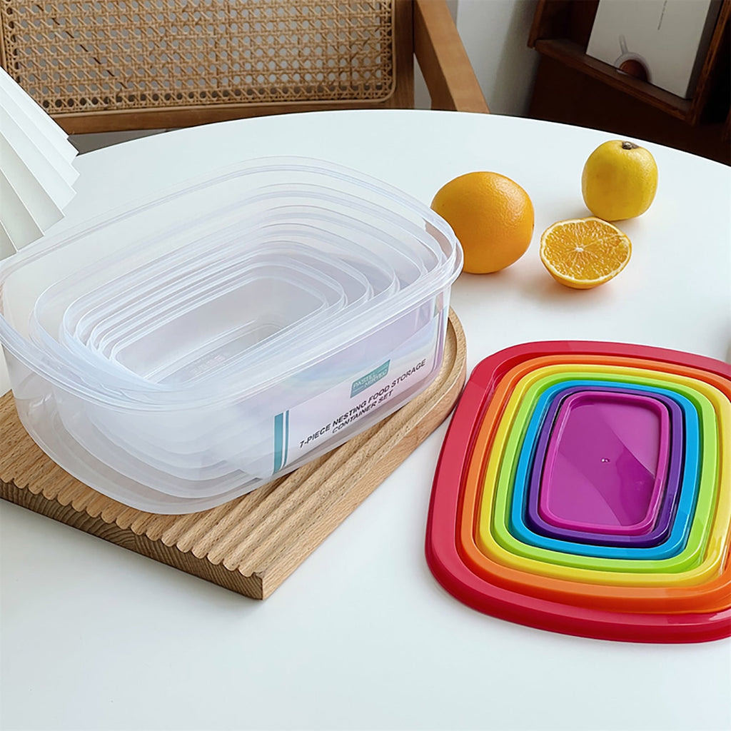 7 Piece Plastic Food Storage Container Set with Multi-Colored Lids